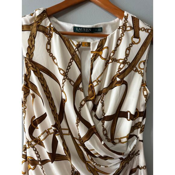 Lauren Ralph Lauren Dress 12 White Gold Chain Print Ruched Sheath Midi - Picture 3 of 6